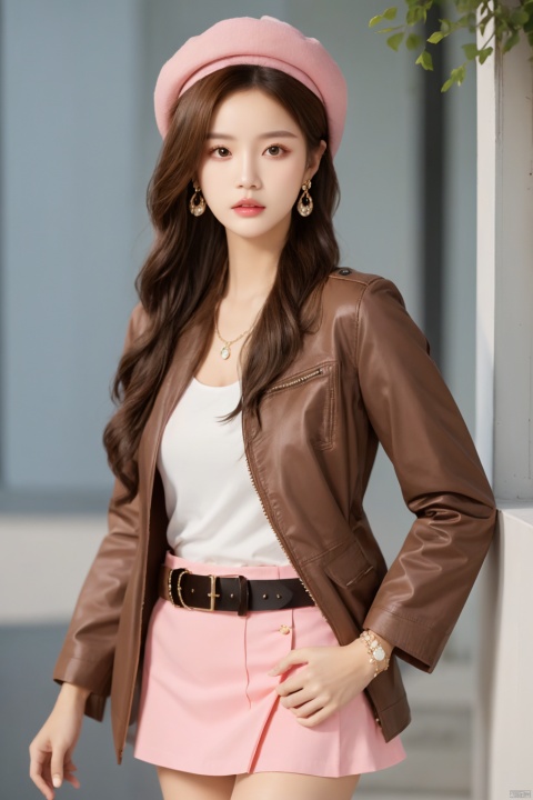  sdmai, lanmeng, 1girl, solo, jewelry, earrings, hat, thighhighs, brown hair, skirt, long hair, realistic, brown eyes, parted lips, lips, jacket, brown jacket, belt, bracelet, looking at viewer
Pink coral,shell,coral hair accessories,pink atmosphere,
, depth of field