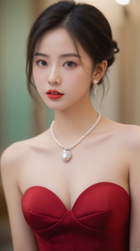  1girl,qianjin,(8k, RAW photo, best quality, masterpiece:1.3),(realistic,photo-realistic:1.37),(looking at viewer:1.331),soft light,extremely beautiful face,Random hairstyle,Random expression,big eyes,an extremely delicate and beautiful girl,depth of field,blurry background,blurry foreground,delicate,beautiful,beautiful face,beautiful eyes,beautiful girl,delicate face,delicate girl,8k wallpaper,(best quality:1.12),(detailed:1.12),(intricate:1.12),(ultra-detailed:1.12),(highres:1.12),hyper detailed,ultra-detailed,high resolution illustration,colorful,8k wallpaper,highres,Cinematic light,ray tracing,(8k, RAW photo, best quality, masterpiece, ultra highres, ultra detailed:1.2),(realistic, photo-realistic:),formal_dress,(red dress:1.3),jewelry,earrings,necklace,dress,long hair,breasts,cleavage,blurry,bare shoulders,parted lips,black dress,red lips,black hair,pearl necklace,looking at viewer,blurry background,strapless dress,strapless,lips,tiara,medium breasts,upperbody,lipstick,indoors,makeup,gloves,realistic,,gem, qianjin