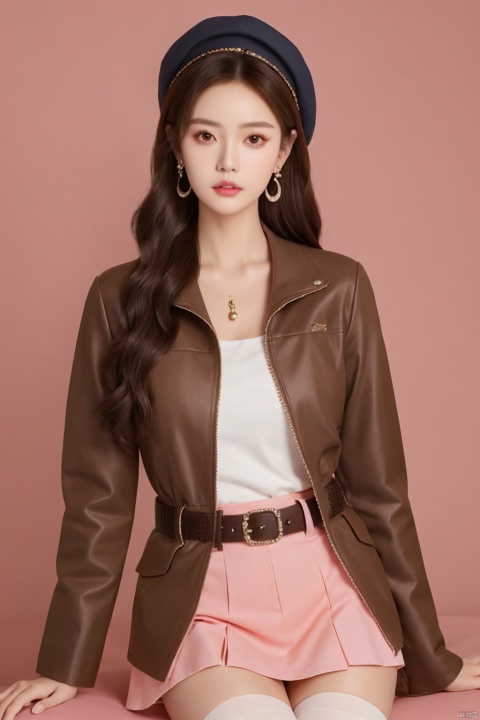  sdmai, lanmeng, 1girl, solo, jewelry, earrings, hat, thighhighs, brown hair, skirt, long hair, realistic, brown eyes, parted lips, lips, jacket, brown jacket, belt, bracelet, looking at viewer
Pink coral,shell,coral hair accessories,pink atmosphere,
, depth of field