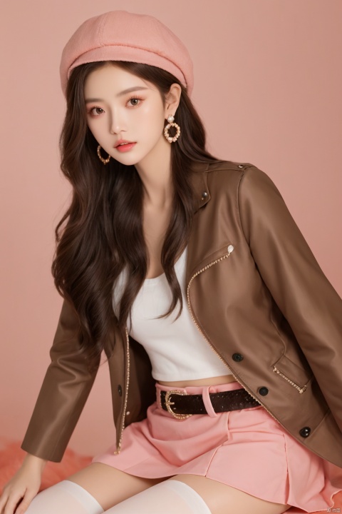  sdmai, lanmeng, 1girl, solo, jewelry, earrings, hat, thighhighs, brown hair, skirt, long hair, realistic, brown eyes, parted lips, lips, jacket, brown jacket, belt, bracelet, looking at viewer
Pink coral,shell,coral hair accessories,pink atmosphere,
, depth of field