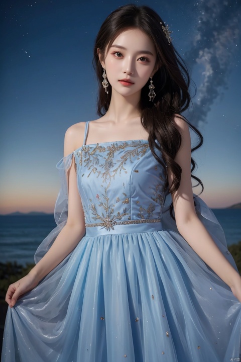  (((masterpiece, best quality))), ,1girl,long dress,blue purple theme,((universe Sky Theme Pattern clothes)),