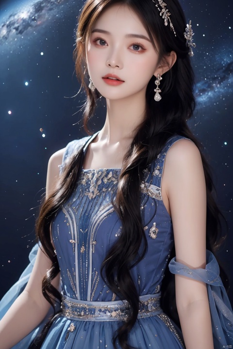  (((masterpiece, best quality))), ,1girl,long dress,blue purple theme,((universe Sky Theme Pattern clothes)),