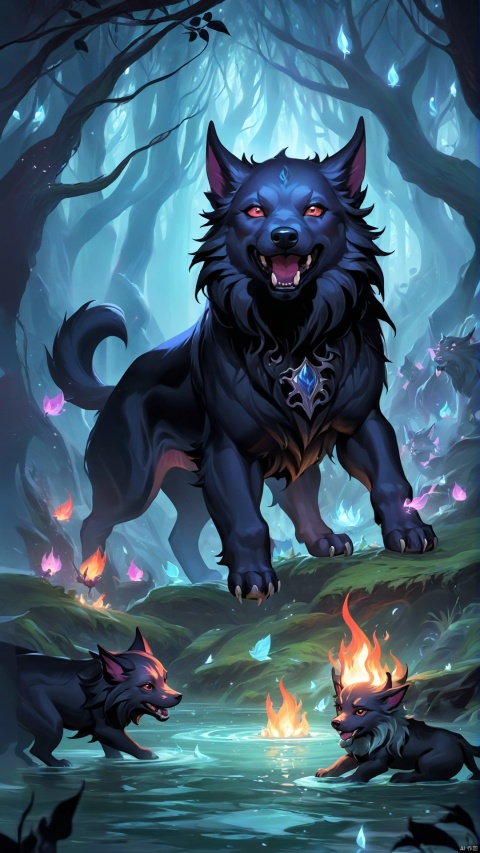 (Fantasy Q version style: 1.5) Beast and Elf Forest, in an unfamiliar fairyland, with perfect proportions, furry black Flame Hellhound, soft fur, playing in the creek, surrounded by elves dancing and floating,