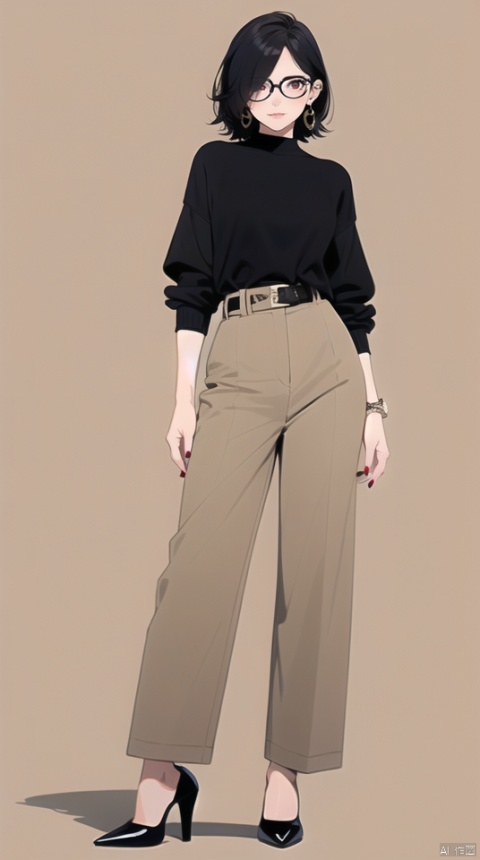  (best quality), ((masterpiece)), (highres), illustration, original, extremely detailed wallpaper.ooo, 1girl, solo, hair over one eye, glasses, jewelry, black footwear, earrings, black hair, short hair, full body, white background, simple background, mole under mouth, red eyes, pants, high-waist pants, looking at viewer, mole, breasts, nail polish, shirt tucked in, round eyewear, shirt, brown shirt, high heels, brown pants, long sleeves, belt