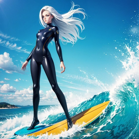 8k, best quality, masterpiece, ultra-high resolution, surfing, 1Girl, full body, bodysuit, mascot, color