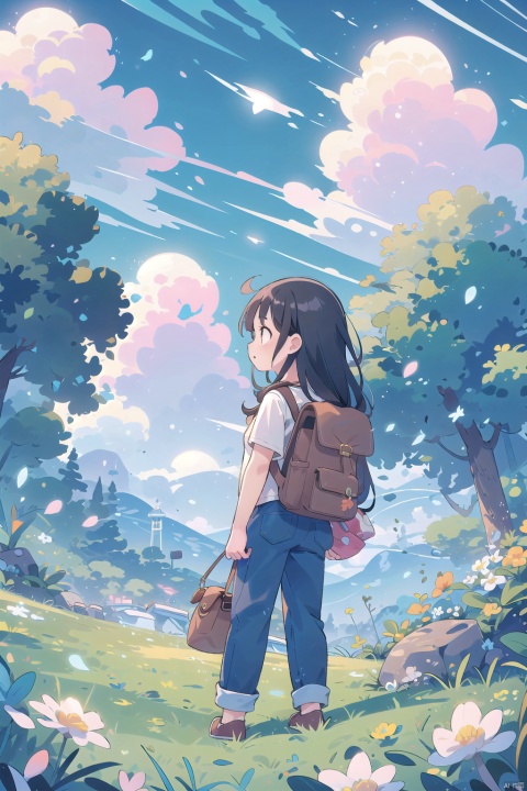  1girl, solo, long hair, shirt, black hair, standing, flower, outdoors, sky, pants, cloud, a bag, from behind, blue sky, backpack, cloudy sky, grass, white flower, shoulder bag, yellow flower, brown pants, wide shot, cozy animation scenes