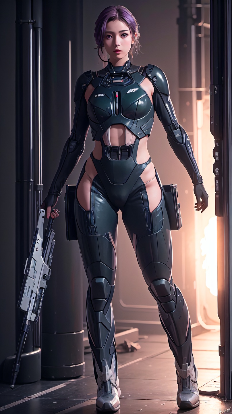 1 girl, solo, fighter jet, naked, black silk, black mech, green light, cyberpunk, weapon, assault rifle, big waves, purple tight suit, lace, semi robot, lips, armor, nose, simple background, big long legs,