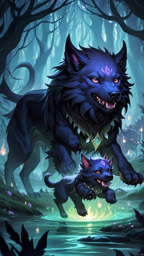 (Fantasy Q version style: 1.5) Beast and Elf Forest, in an unfamiliar fairyland, with perfect proportions, furry black Flame Hellhound, soft fur, playing in the creek, surrounded by elves dancing and floating,