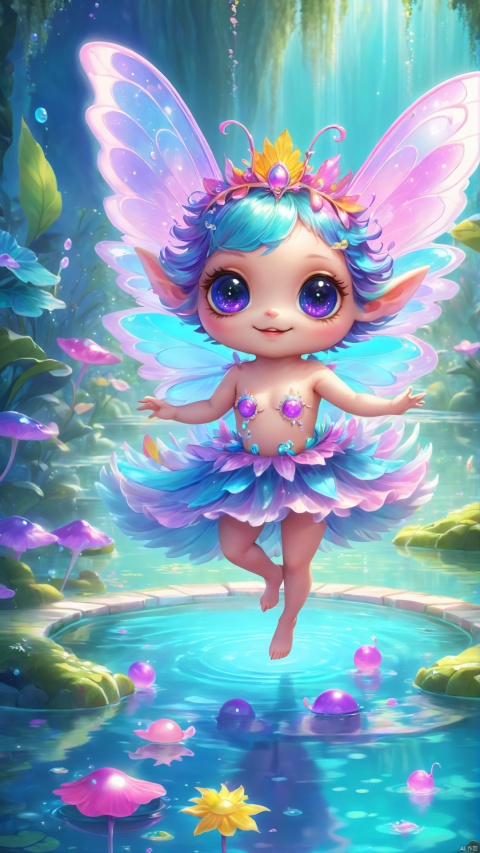 (Fantasy Q version style: 1.5) Sexy and cute (brightly colored) fairy pool, perfectly proportioned in an unfamiliar fairyland, with furry oversized eyes, wearing a beautiful and smooth dress, happily dancing around the clear pond. He has a youthful curve, bold dance moves, and a charming smile when he looks back, making people dance with joy, and his mind cannot extricate itself