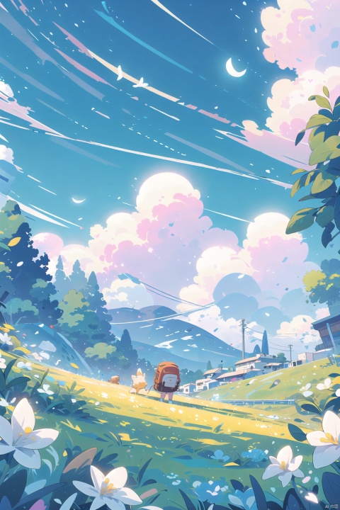 No one, standing, flowers, outdoor, sky, clouds, blue sky, backpack, cloudy sky, grass, white flowers, yellow flowers, wide lens, comfortable animation scene