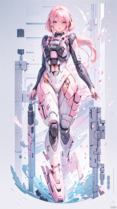 1 girl, solo, fighter jet, pink hair, black, fluorescent green, cyberpunk, big waves, tight fitting clothes, lace, semi robot, lips, armor, nose, white background, big long legs,