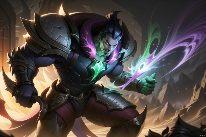  The heroic character in "League of Legends", he wears warrior armor, exudes a green aura, and holds a big knife in his hand. A close-up of a character, this painting adopts the fantasy art style of "League of Legends" illustrations. --ar 128:85, Darius