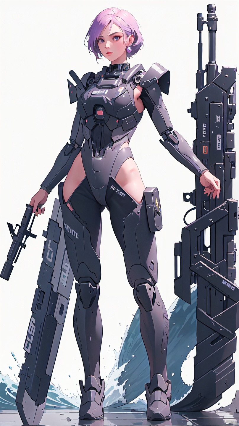 1 girl, solo, fighter jet, black mech, green light, cyberpunk, weapon, assault rifle, big wave, purple tight suit, lace, semi robot, lips, armor, nose, white background, long legs,