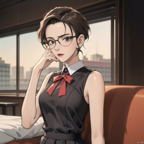  Enhancement, masterpiece, 16K, JK, 1 girl, front facing, straight to the audience, short hair, expression of panic, panic, fear, covering mouth, red school uniform, dress, sitting on bed, lighting master, movie, black framed glasses, dark background