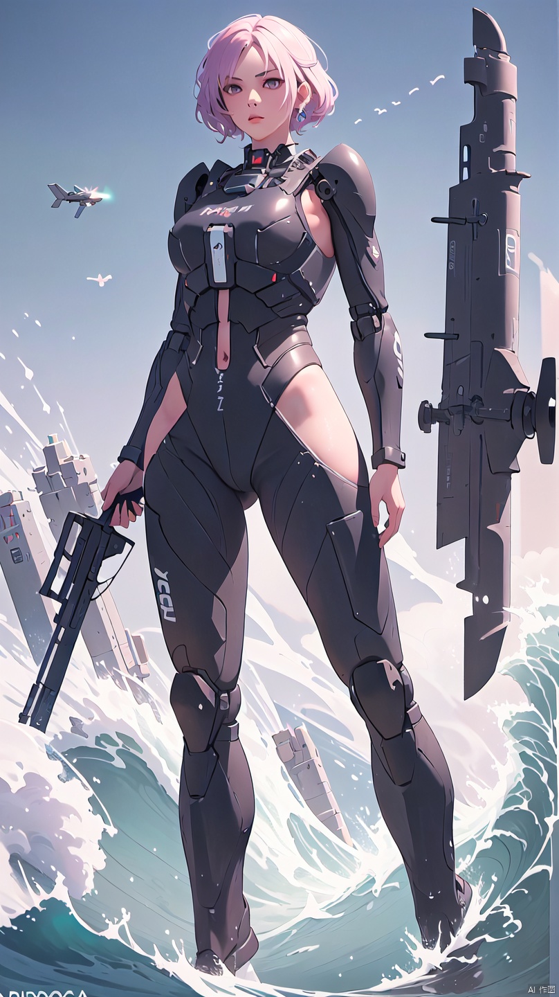 1 girl, solo, fighter jet, naked, black silk, black mech, green light, cyberpunk, weapon, assault rifle, big waves, purple tight suit, lace, semi robot, lips, armor, nose, simple background, big long legs,