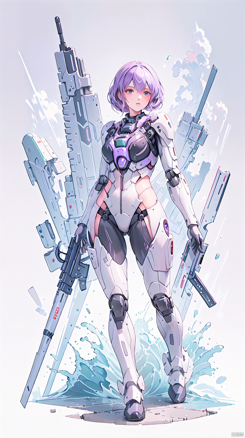 1 girl, solo, fighter jet, black mech, green light, cyberpunk, weapon, assault rifle, big wave, purple tight suit, lace, semi robot, lips, armor, nose, white background, long legs,