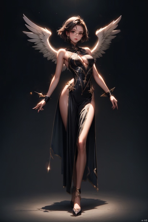 1 girl, full body, medium breasts, single person, dark short hair, black framed glasses, brown eyes, looking at the audience, waving a magic wand, with a magician's illusion behind, earrings, full body, wearing holy angel clothing, sleeveless, textured, textured skin, simple background, super level details, the best quality