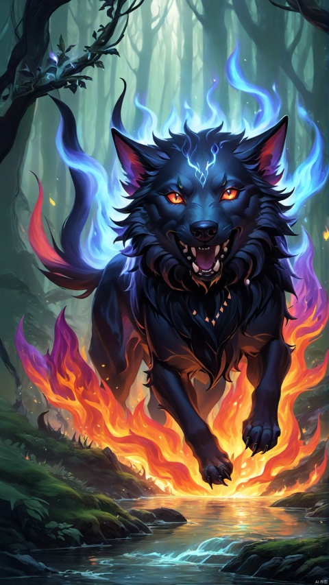 (Fantasy Q version style: 1.5) Beast and Elf Forest, in a strange fairyland, with perfect proportions, furry black Flame Hellhound, soft fur, ancient mysterious spells, emitting fantastic flames, playing in the stream, and surrounding elves dancing and floating,