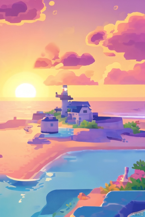 Masterpiece, (of the best quality), illustrations, ultra detailed, depth of field, (colorful), sunset, sea, whales, waves, waves, water towers, beaches, comfortable, brightly colored