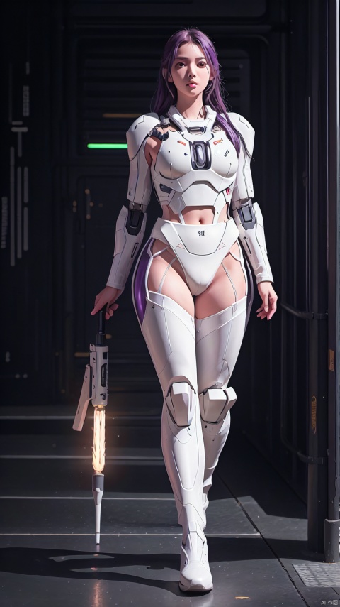 1 girl, solo, fighter jet, naked, with less clothing, black stockings, erotic mech, green lighting, cyberpunk, weapon, long hair and big waves, purple tight fitting suit, lace, semi robot, lips, armor, nose, simple background, big long legs,