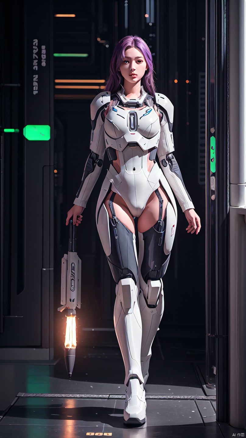 1 girl, solo, fighter jet, naked, with less clothing, black stockings, erotic mech, green lighting, cyberpunk, weapon, long hair and big waves, purple tight fitting suit, lace, semi robot, lips, armor, nose, simple background, big long legs,