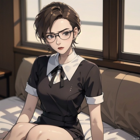  Enhancement, masterpiece, 16K, JK, 1 girl, front facing, straight to the audience, short hair, expression of panic, panic, fear, covering mouth, red school uniform, dress, sitting on bed, lighting master, movie, black framed glasses, dark background