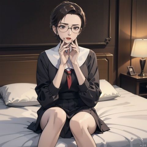 Enhancement, masterpiece, 16K, JK, 1 girl, front facing, straight to the audience, short hair, expression of panic, panic, fear, covering mouth, red school uniform, dress, sitting on bed, lighting master, movie, black framed glasses, dark background
