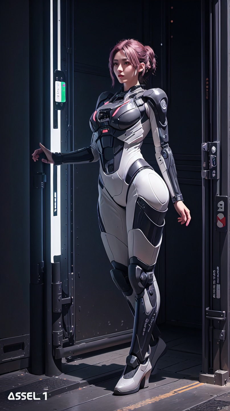 1 girl, solo, fighter jet, naked, black silk, black mech, green light, cyberpunk, weapon, assault rifle, big waves, purple tight suit, lace, semi robot, lips, armor, nose, simple background, big long legs,