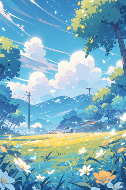 No one, standing, flowers, outdoor, sky, clouds, blue sky, cloudy sky, grass, white flowers, yellow flowers, wide lens, comfortable animation scene