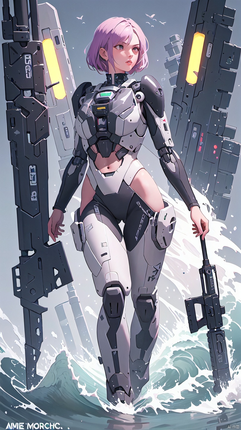 1 girl, solo, fighter jet, naked, black silk, black mech, green light, cyberpunk, weapon, assault rifle, big waves, purple tight suit, lace, semi robot, lips, armor, nose, simple background, big long legs,