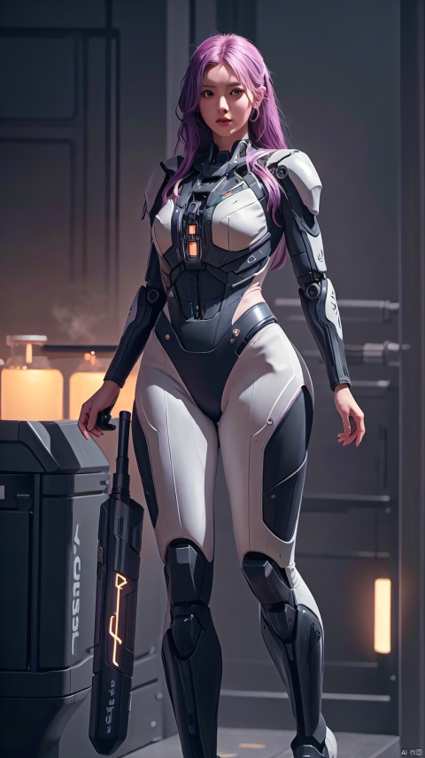 1 girl, solo, fighter jet, naked, with less clothing, black stockings, erotic mech, green lighting, cyberpunk, weapon, long hair and big waves, purple tight fitting suit, lace, semi robot, lips, armor, nose, simple background, big long legs,