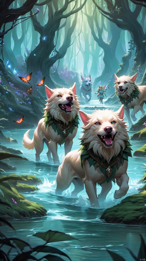 (Fantasy Q version style: 1.5) Beast and Elf Forest, in an unfamiliar fairyland, with perfect proportions, furry Hellhounds, smooth fur, playing in the creek, and surrounding elves dancing and floating,