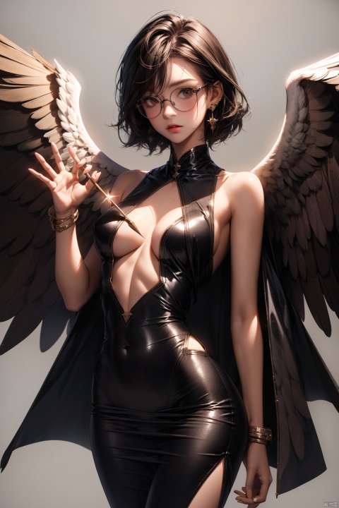 1 girl, full body, medium breast, single, dark short hair, black framed glasses, brown eyes, looking at the audience, waving a magic wand, earrings, full body, wearing holy angel clothing, sleeveless, textured, textured skin, simple background, super details, the best quality