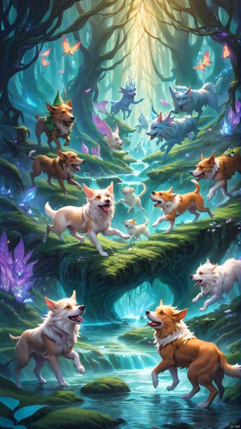 (Fantasy Q version style: 1.5) Beast and Elf Forest, in a strange fairyland, with perfect proportions, furry three headed dogs, smooth fur, playing in the stream, and surrounding elves dancing and floating,