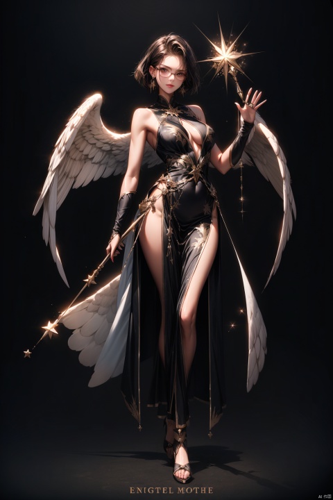1 girl, full body, medium breast, single, dark short hair, black framed glasses, brown eyes, looking at the audience, waving a magic wand, earrings, full body, wearing holy angel clothing, sleeveless, textured, textured skin, simple background, super details, the best quality
