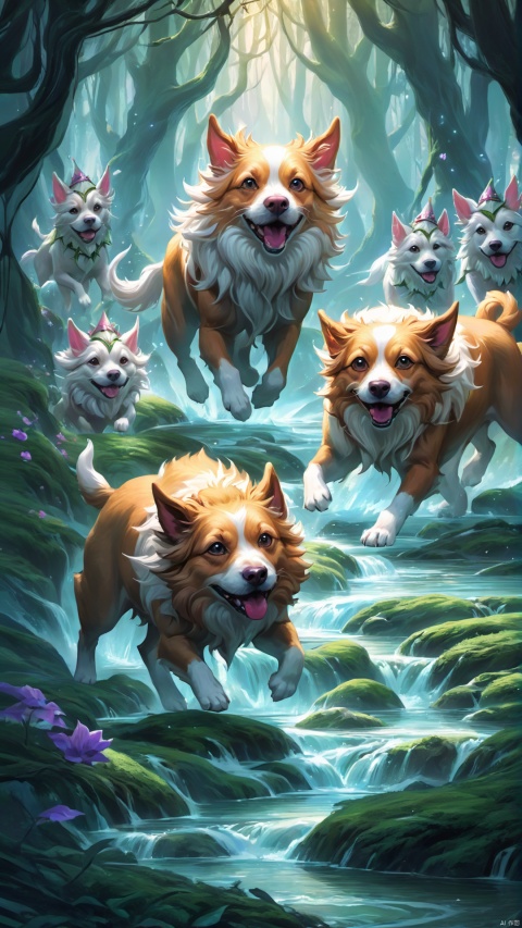 (Fantasy Q version style: 1.5) Beast and Elf Forest, in a strange fairyland, with perfect proportions, furry three headed dogs, smooth fur, playing in the stream, and surrounding elves dancing and floating,