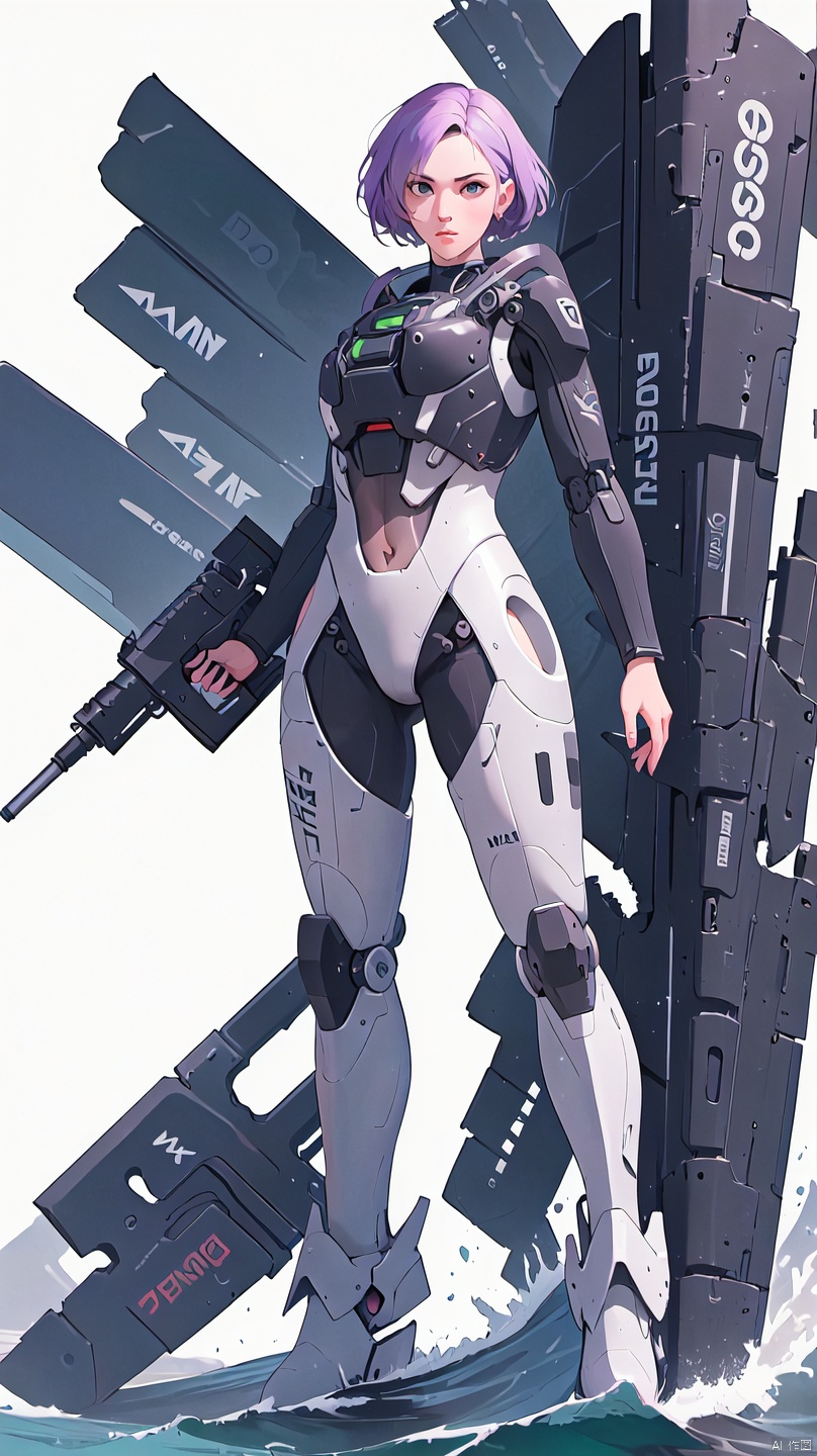 1 girl, solo, fighter jet, black mech, green light, cyberpunk, weapon, assault rifle, big wave, purple tight suit, lace, semi robot, lips, armor, nose, white background, long legs,