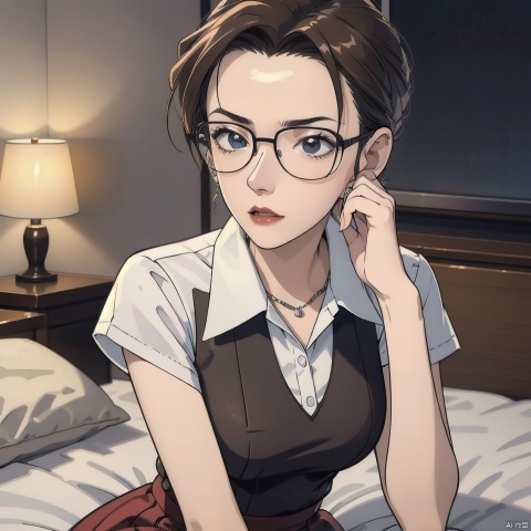 Enhancement, masterpiece, 16K, JK, 1 girl, front facing, straight to the audience, short hair, expression of panic, panic, fear, covering mouth, red school uniform, dress, sitting on bed, lighting master, movie, black framed glasses, dark background