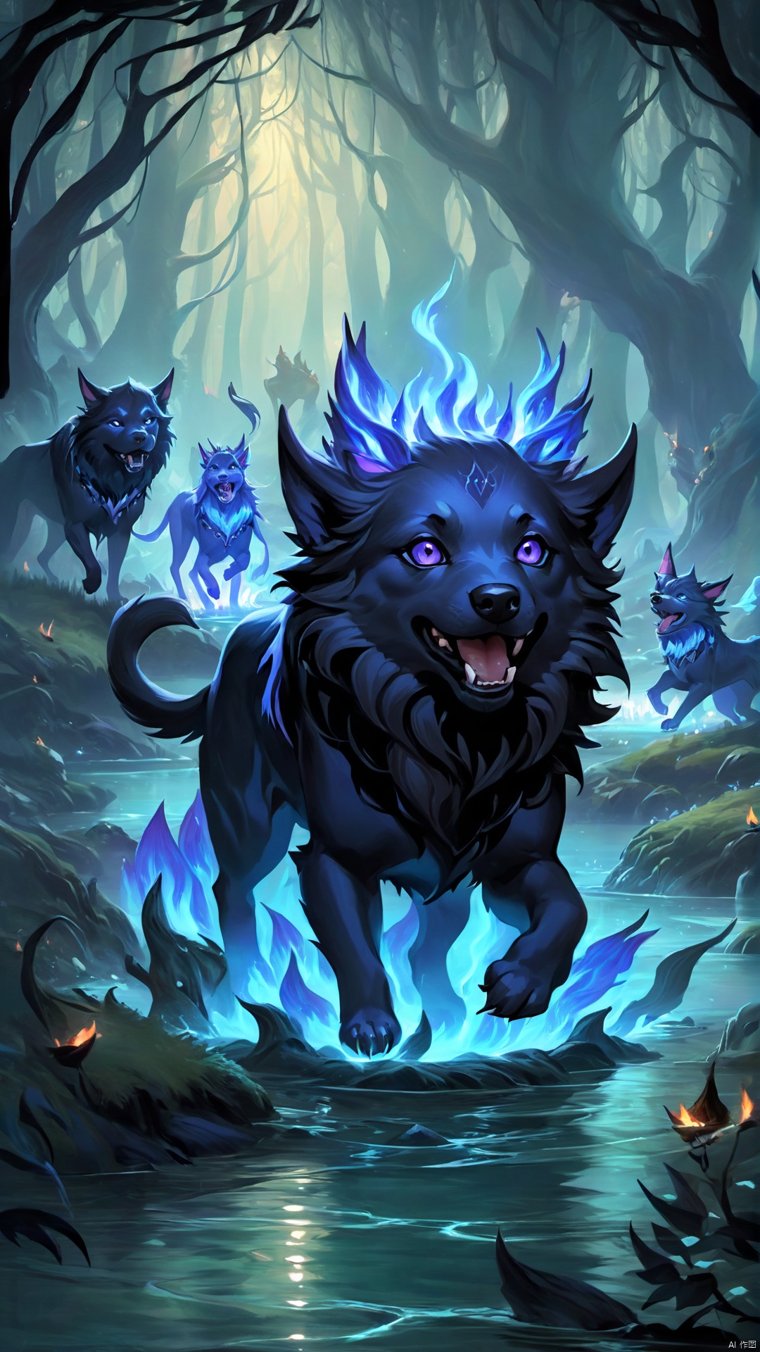 (Fantasy Q version style: 1.5) Beast and Elf Forest, in an unfamiliar fairyland, with perfect proportions, furry black Flame Hellhound, soft fur, playing in the creek, surrounded by elves dancing and floating,