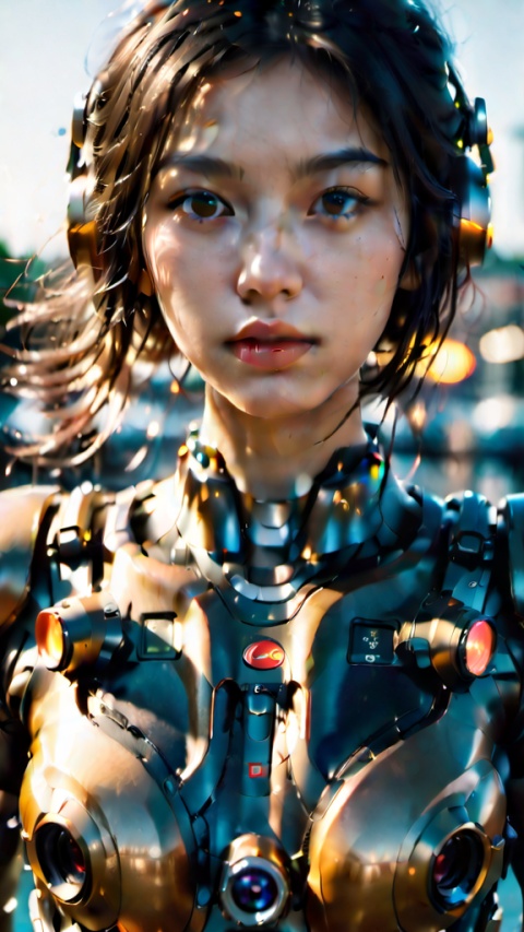 ultra-detailed, highres, extremely detailed,Cine Lighting, Ultra HD, Stereo Illumination, Unreal Engine,beautiful detailed girl, extremely detailed eyes and face, beautiful detailed eyes,(photorealistic:1.2), shot with Canon EOS 5D Mark IV, detailed face, detailed hair,bokeh,mech suit,radio antenna,inter headset,sunset,movie light,rim lights,realistic,commercial photography,leica lens,photoreal,1girl,glowing skin,plump,black hair,one side up,expressive hair,solo,brown pupil,black eyes,exquisite facial features,anatomically correct,medium long shot (MLS),full length shot(FLS)