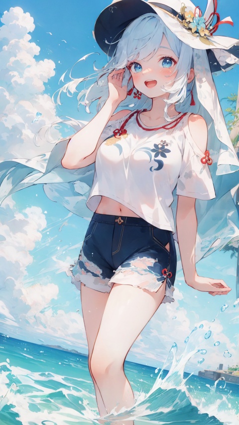  ,shenhe (genshin impact),blue eyes, white hair, solo, large breasts, legs, Shorts, , white t-shirt, bare_shoulder,

1girl, ,dynamic,clear sky,,
simple background,white t-shirt,
simplecats, clouds, 
open mouth, (laugh),((hat)), ,((hand_raised)),seaside,


,seaside,
,scenery, masterpiece, best quality, best quality, no_humans, ,mjtyhz,simple details,1girl, veil,haremoutfit,,shuixia,shenhe (genshin impact),shenhe(genshin impact)