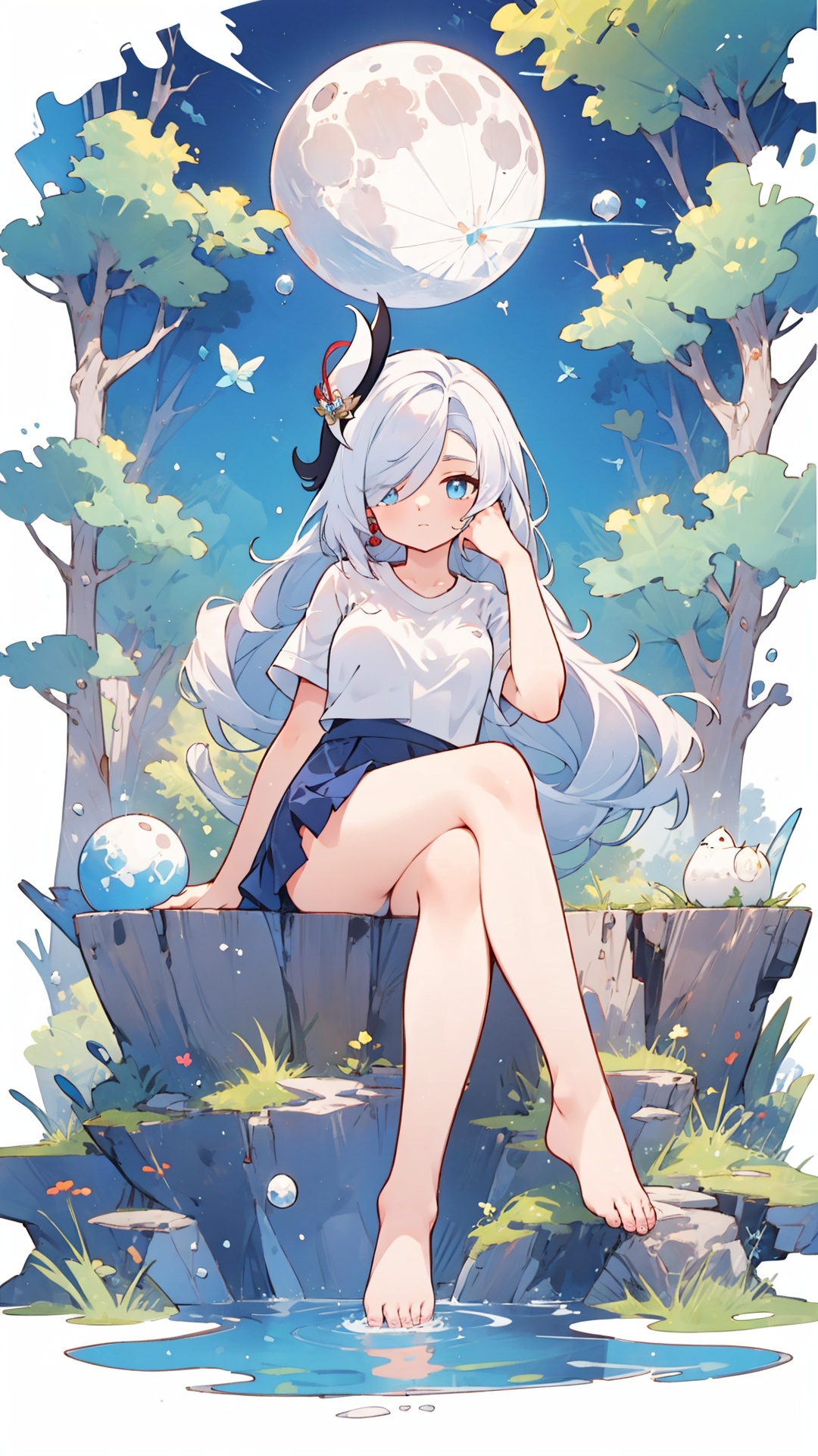 blue eyes, white hair, hair ornament, solo, large breasts, legs, (skirt), (long hair), (white t-shirt), hair over one eye,

,,,,closed mouth, ,solo, crossed legs, , legs, sitting, simple background, , looking at viewer, pond under feet,


masterpiece, best quality, scenery, 
, sitting moon, kyoushitsu, moon, no_humans,, long hair, shenhe (genshin impact), shenhe(genshin impact)