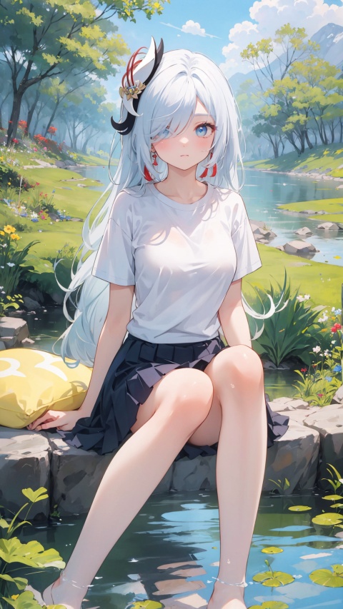blue eyes, white hair, hair ornament, solo, large breasts, legs, (skirt), (long hair), (white t-shirt), hair over one eye,

,,,,closed mouth, ,solo, , , legs, sitting, simple background, , looking at viewer, pond under feet,pillow,,,,,


masterpiece, best quality, scenery, 
, , kyoushitsu,, no_humans,, long hair, shenhe (genshin impact), 