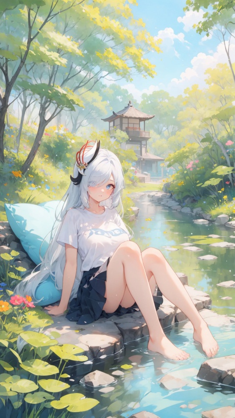 blue eyes, white hair, hair ornament, solo, large breasts, legs, (skirt), (long hair), (white t-shirt), hair over one eye,

,,,,closed mouth, ,solo, , , legs, sitting, simple background, , looking at viewer, pond under feet,pillow,,,,,


masterpiece, best quality, scenery, 
, , kyoushitsu,, no_humans,, long hair, shenhe (genshin impact), 