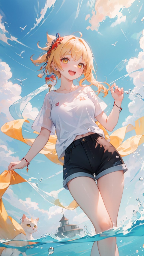 ,yoimiya (genshin impact),yellow eyes, yellow hair, solo, large breasts, legs, Shorts, , white t-shirt, bare_shoulder,long hair,

1girl, ,dynamic,clear sky,,
simple background,white t-shirt,
simplecats, clouds, 
open mouth, (laugh),, ,hand_raised,seaside,


,seaside,
,scenery, masterpiece, best quality, best quality, no_humans, ,mjtyhz,simple details,1girl, veil,haremoutfit,,shuixia,