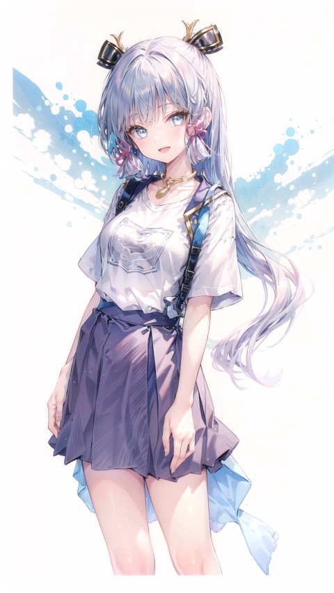 kamisato ayaka, blue eyes, blue hair, hair ornament, solo, large breasts, legs, skirt, (long hair), white t-shirt, 

1girl, , white background, dynamic,
simple background,white t-shirt,
simplecats, graffiti, dynamic, girl, ((cloud)), 
open mouth,smile,(full boby),

scenery, masterpiece, best quality, best quality, no_humans, ,no_humans,nayutaren