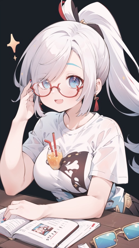  blue eyes, white hair, hair ornament, solo, large breasts, legs, (skirt), (long hair), (white t-shirt), hair over one eye,,
, ,,eyeglasses,Red framed glasses,,,red glasses,,

,,,1girl, , ,dance,dynamic,,simple_background ,,
, white t-shirt, , , , , ,girl, clouds,,(Lie on the table),(ponytail),
,,nail polish,
open mouth, , , smile,orange juice,upper_body,,,,

,,,,scenery, masterpiece, best quality, best quality, no_humans, , shenhe(genshin impact), ,