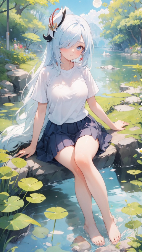 blue eyes, white hair, hair ornament, solo, large breasts, legs, (skirt), (long hair), (white t-shirt), hair over one eye,

,,,,closed mouth, ,solo, , , legs, sitting, simple background, , looking at viewer, pond under feet,pillow,,,,,


masterpiece, best quality, scenery, 
, sitting moon, kyoushitsu, moon, no_humans,, long hair, shenhe (genshin impact), shenhe(genshin impact)