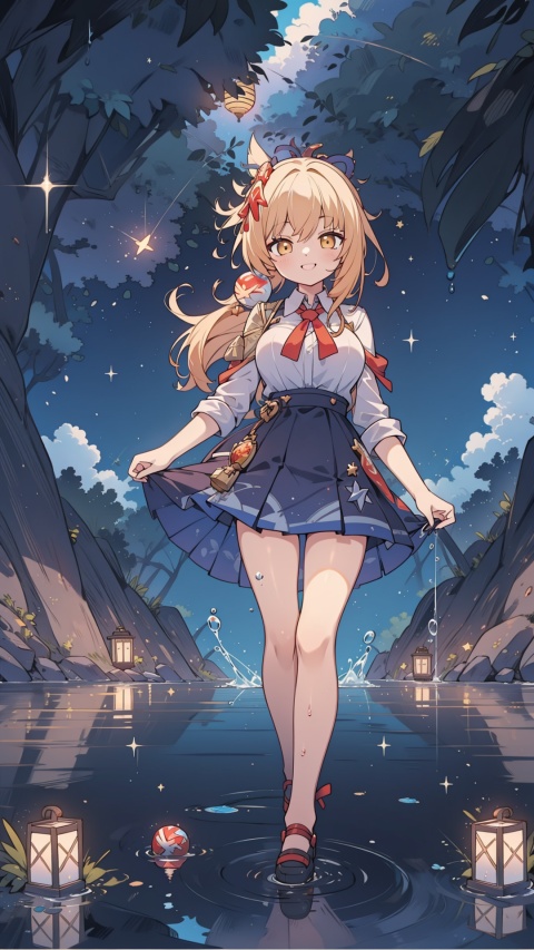  yoimiya (genshin impact),yellow eyes, yellow hair, hair ornament, solo, large breasts, legs,blue skirt, (long hair), (school unifrom),


,1girl, ,, ((dynamic)),
,,,,,,,,
girl, 
smile to viewer,
,,(walking_in_liquid), standing_on_liquid, reflective_water, night, only water, (head down), smile, (the surface of the water reflected the brigh stars), light_particles, dress, , full body,water surface, reflection, star (sky),,the milky way,galaxy,
,,lamp,,,,,,


,scenery, masterpiece, best quality, best quality, no_humans, ,mjtyhz, cozy animation scenes,