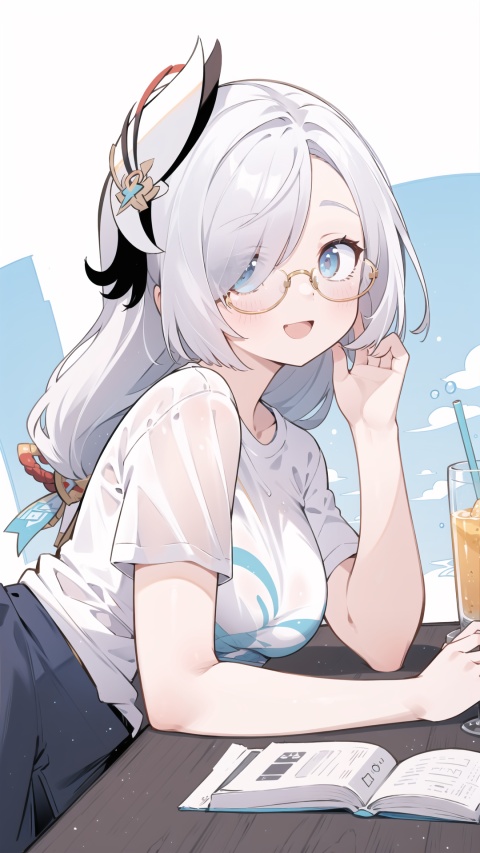 blue eyes, white hair, hair ornament, solo, large breasts, legs, (skirt), (long hair), (white t-shirt), hair over one eye,,
, tinted_eyewear,,eyeglasses,,

,,,1girl, , ,dance,dynamic,,simple_background ,,
, white t-shirt, , , , , ,girl, clouds,,(Lie on the table),,,
open mouth, , , smile,(orange juice),upper_body,,from side,,

,,,,scenery, masterpiece, best quality, best quality, no_humans, , shenhe(genshin impact), ,